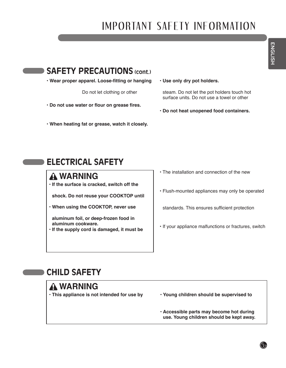 Read all instructions before use, Safety precautions, Electrical safety child safety warning | Warning | LG LSCI307ST User Manual | Page 5 / 64