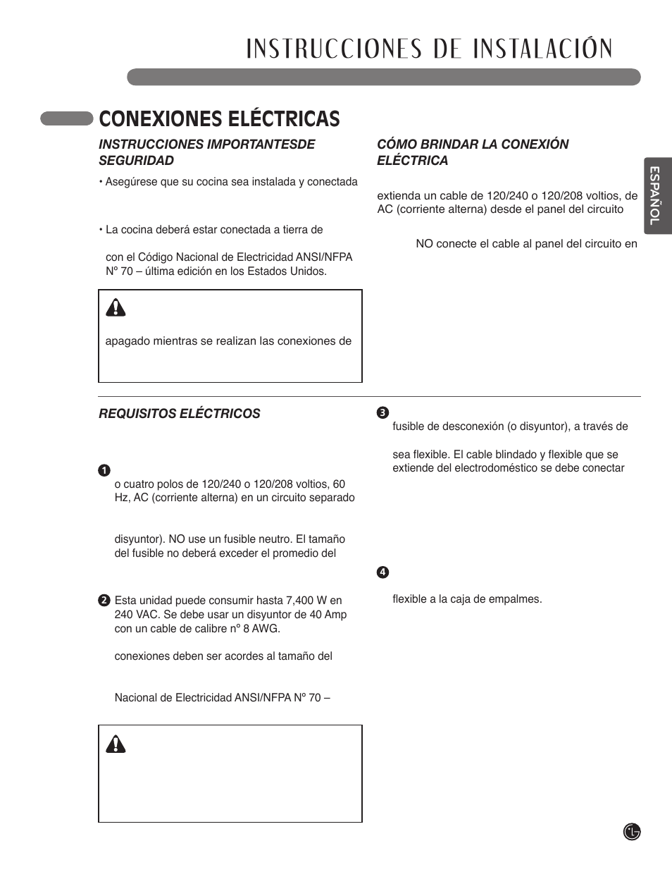 Conexiones eléctricas advertencia, Advertencia | LG LSCI307ST User Manual | Page 53 / 64