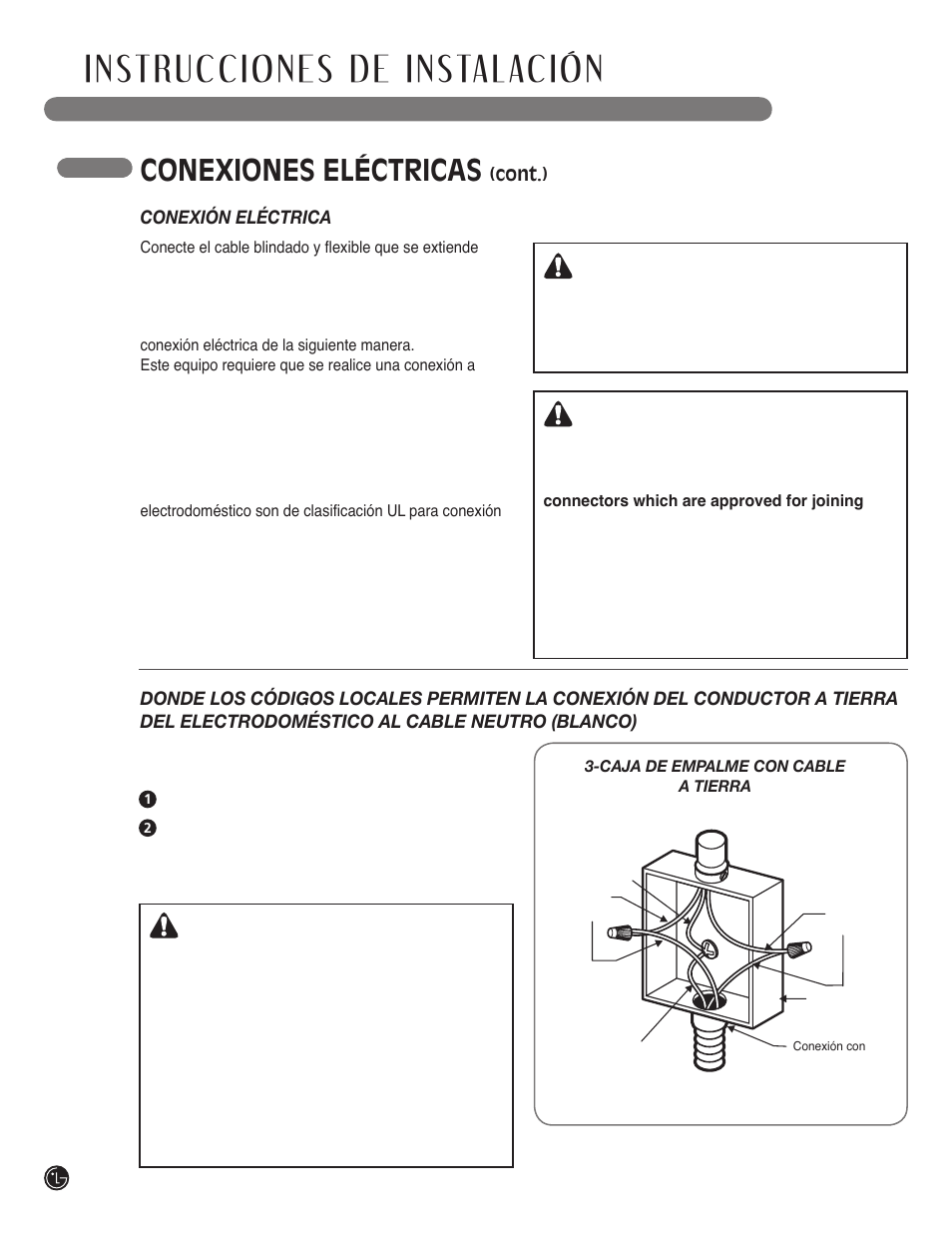 Warning, Conexiones eléctricas, Advertencia | LG LSCI307ST User Manual | Page 54 / 64
