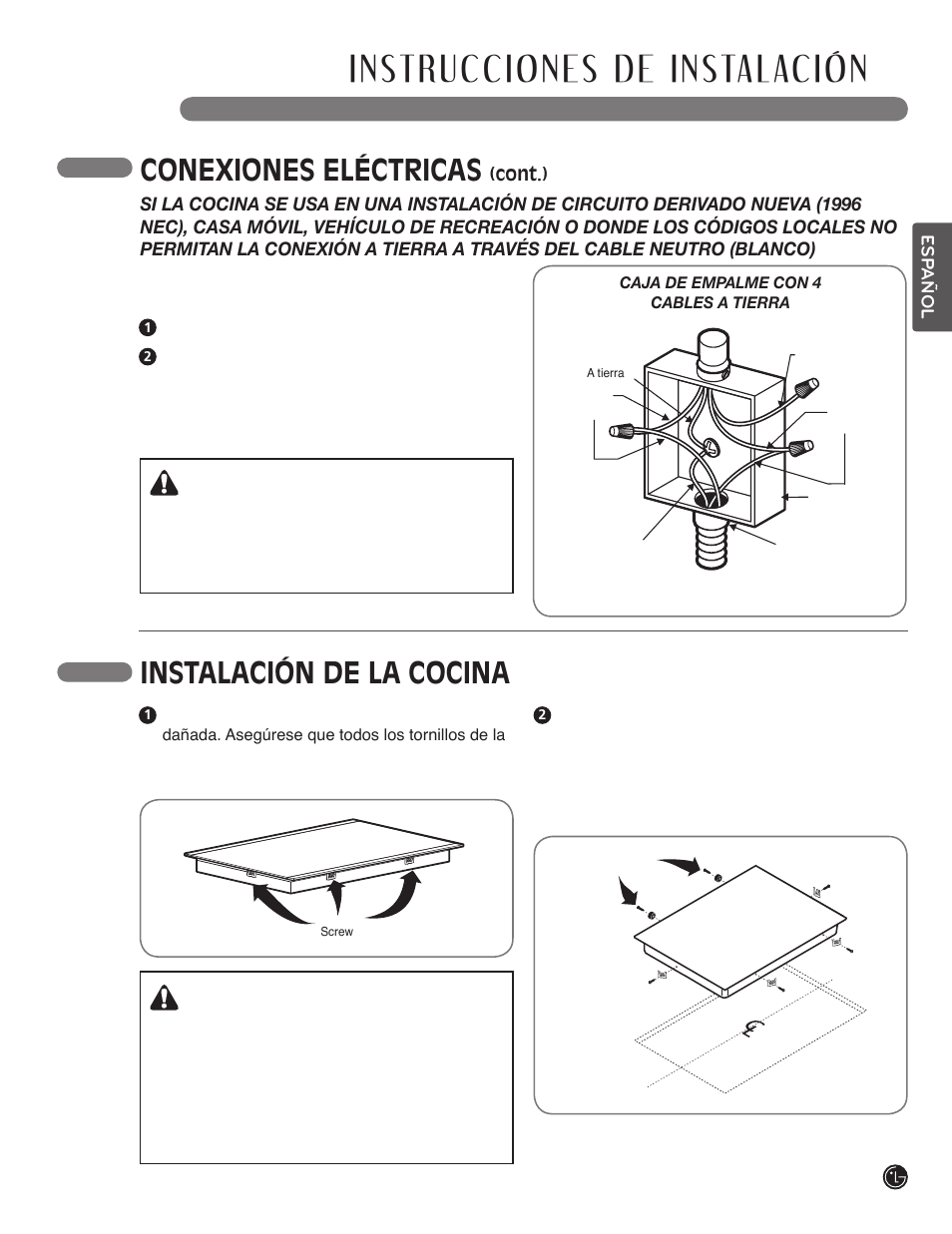 Conexiones eléctricas, Instalación de la cocina advertencia, Advertencia | LG LSCI307ST User Manual | Page 55 / 64