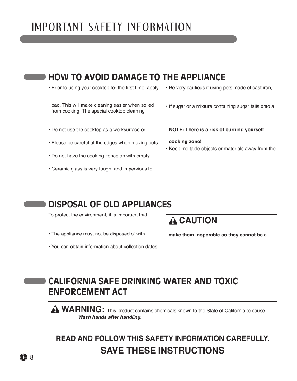 Read all instructions before use, Save these instructions, Read and follow this safety information carefully | LG LSCI307ST User Manual | Page 8 / 64