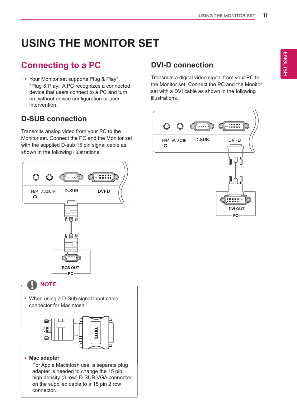 Using the monitor set, Connecting to a pc, D-sub connection | Dvi-d connection | LG 22EB23PY-B User Manual | Page 11 / 30