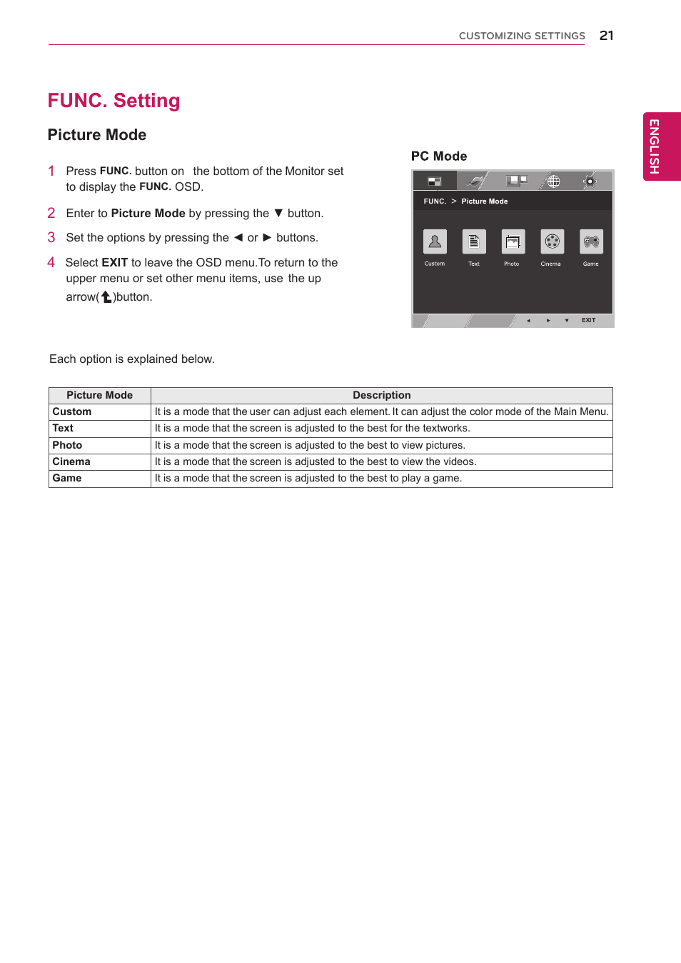 Func. setting, Picture mode, 21 func. setting 21 | See p.21 | LG 22EB23PY-B User Manual | Page 21 / 30