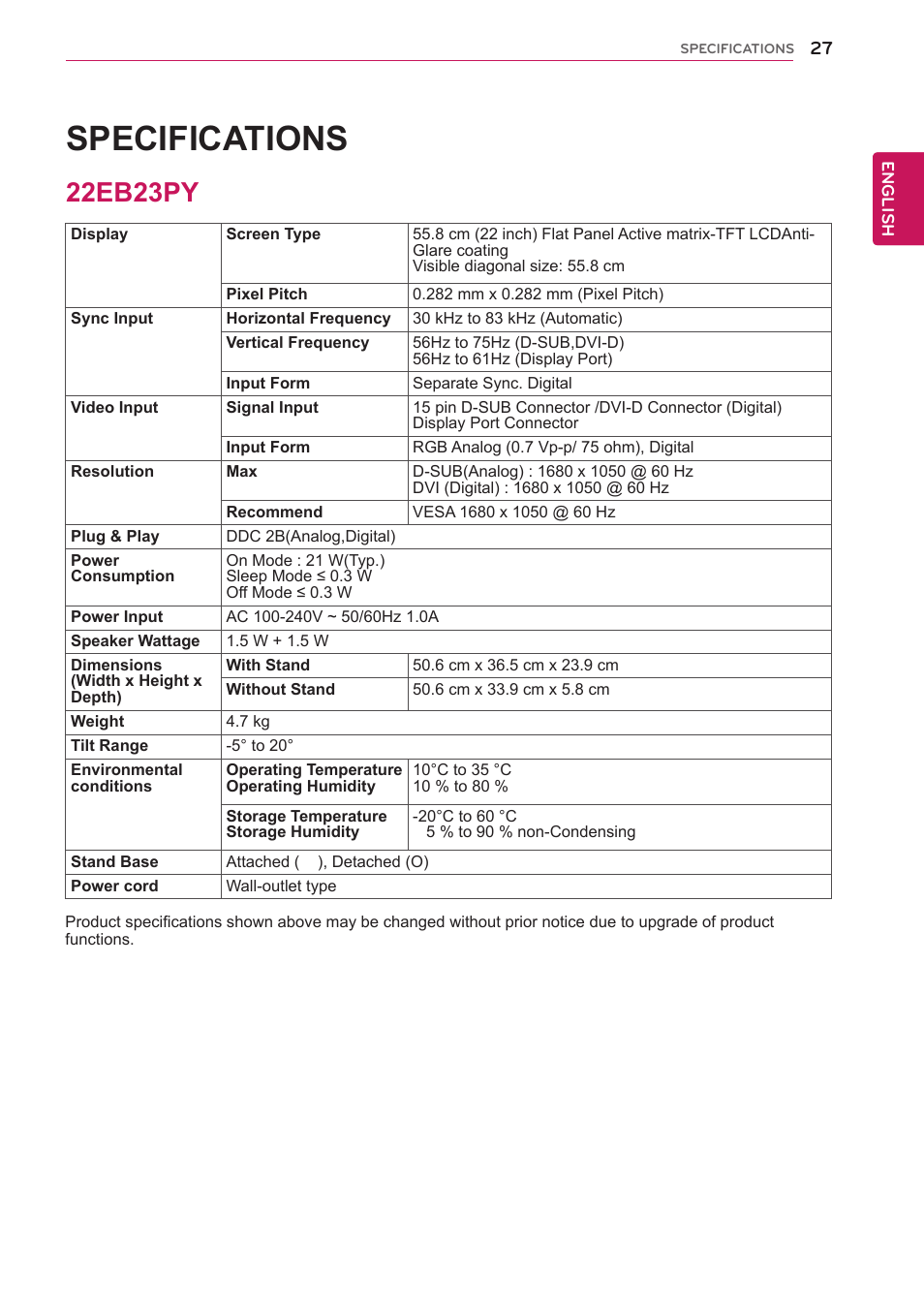 Specifications, 22eb23py, 27 22eb23py | LG 22EB23PY-B User Manual | Page 27 / 30
