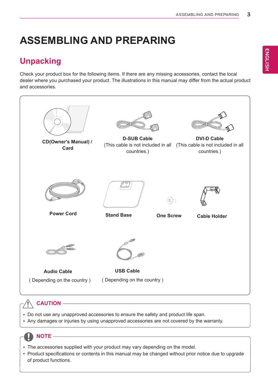 Assembling and preparing, Unpacking, Assembling and prepar | LG 22EB23PY-B User Manual | Page 3 / 30