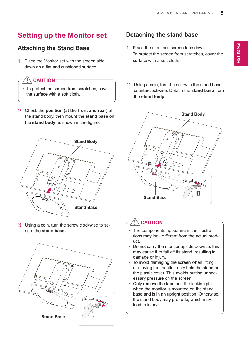 Setting up the monitor set, Attaching the stand base, Detaching the stand base | LG 22EB23PY-B User Manual | Page 5 / 30