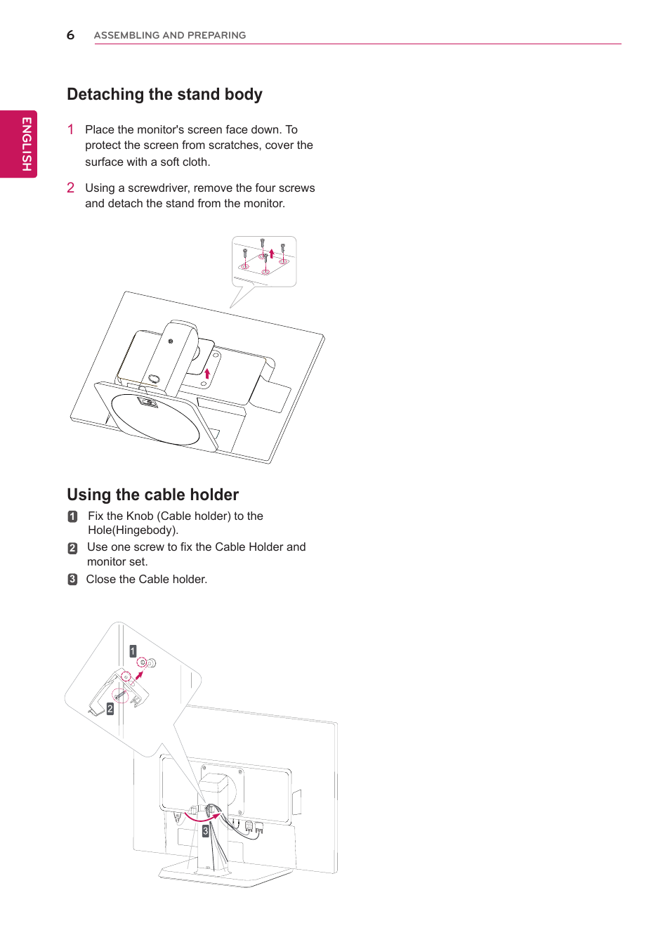 Detaching the stand body, Using the cable holder | LG 22EB23PY-B User Manual | Page 6 / 30