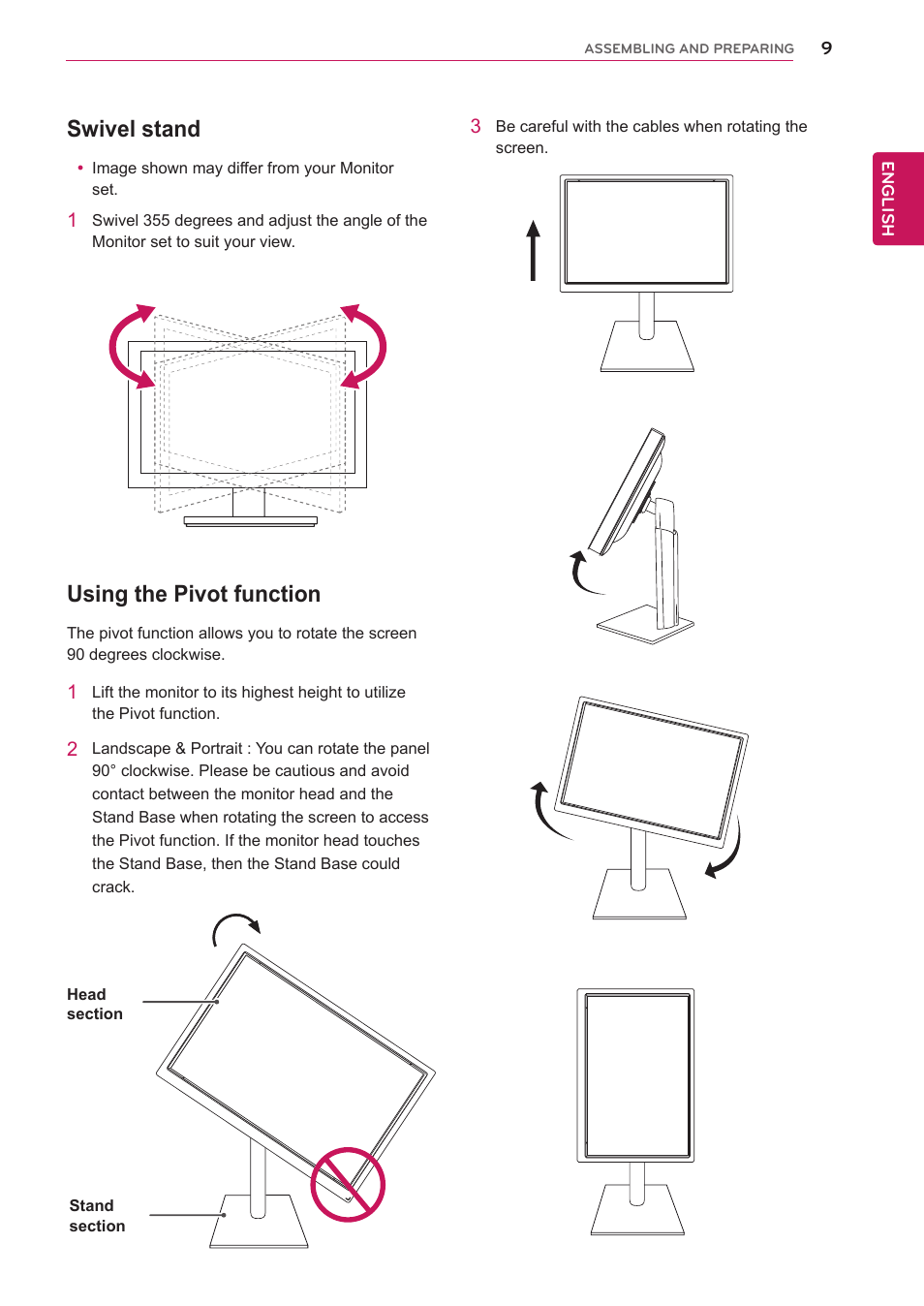 Swivel stand, Using the pivot function | LG 22EB23PY-B User Manual | Page 9 / 30
