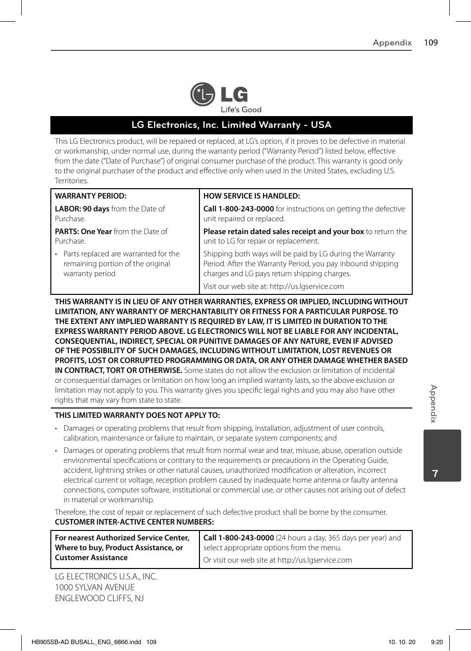 Lg electronics, inc. limited warranty - usa | LG LHB535 User Manual | Page 109 / 112