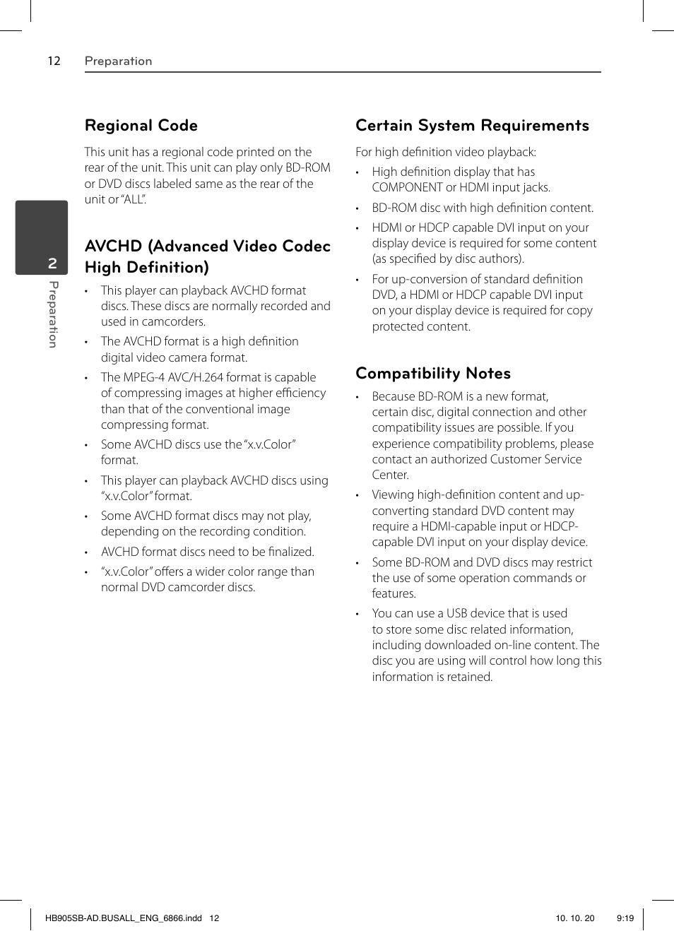 Regional code, Avchd (advanced video codec high deﬁ nition), Certain system requirements | LG LHB535 User Manual | Page 12 / 112