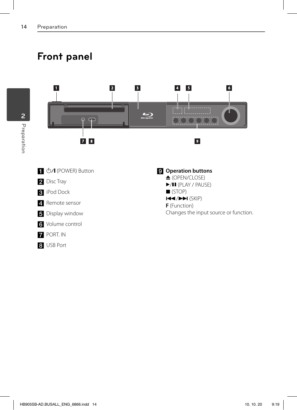 Front panel, 14 preparation pr eparation, Open/close) | Play / pause), Stop) | LG LHB535 User Manual | Page 14 / 112