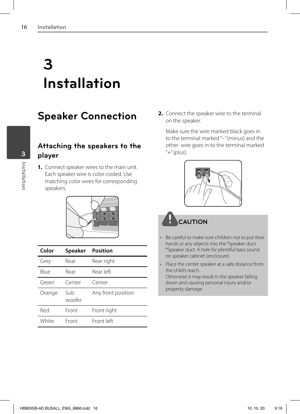 3 installation, Speaker connection, Attaching the speakers to the player | LG LHB535 User Manual | Page 16 / 112
