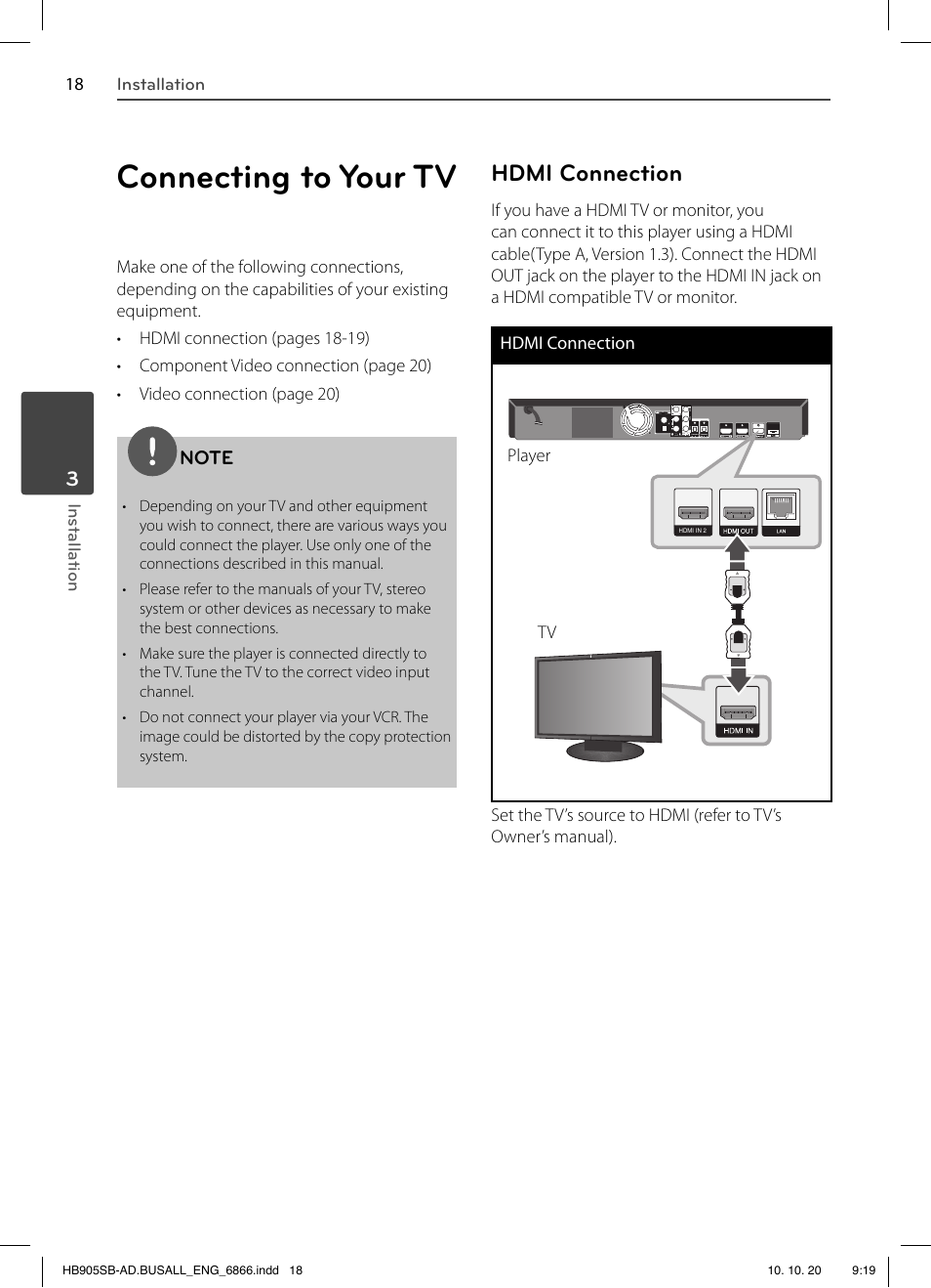 Connecting to your tv, Hdmi connection | LG LHB535 User Manual | Page 18 / 112