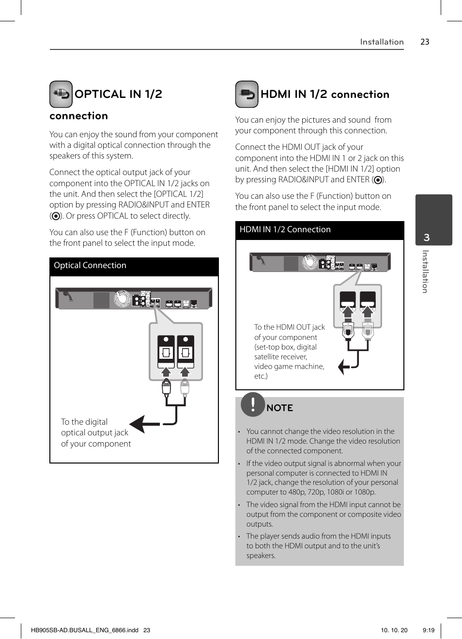 Optical in 1/2 connection, Hdmi in 1/2 connection | LG LHB535 User Manual | Page 23 / 112