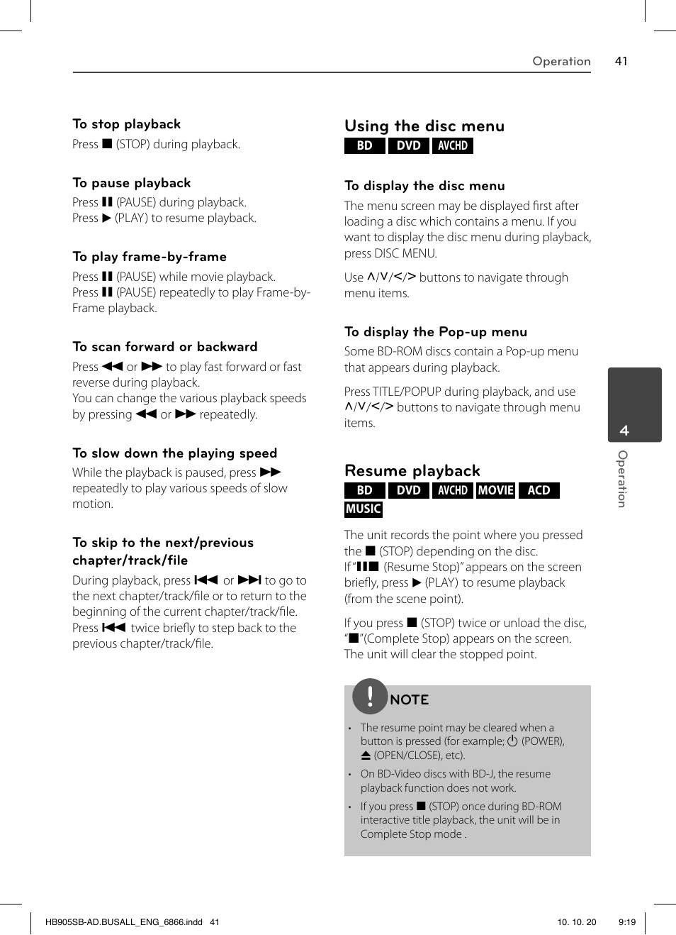 Using the disc menu, Resume playback | LG LHB535 User Manual | Page 41 / 112