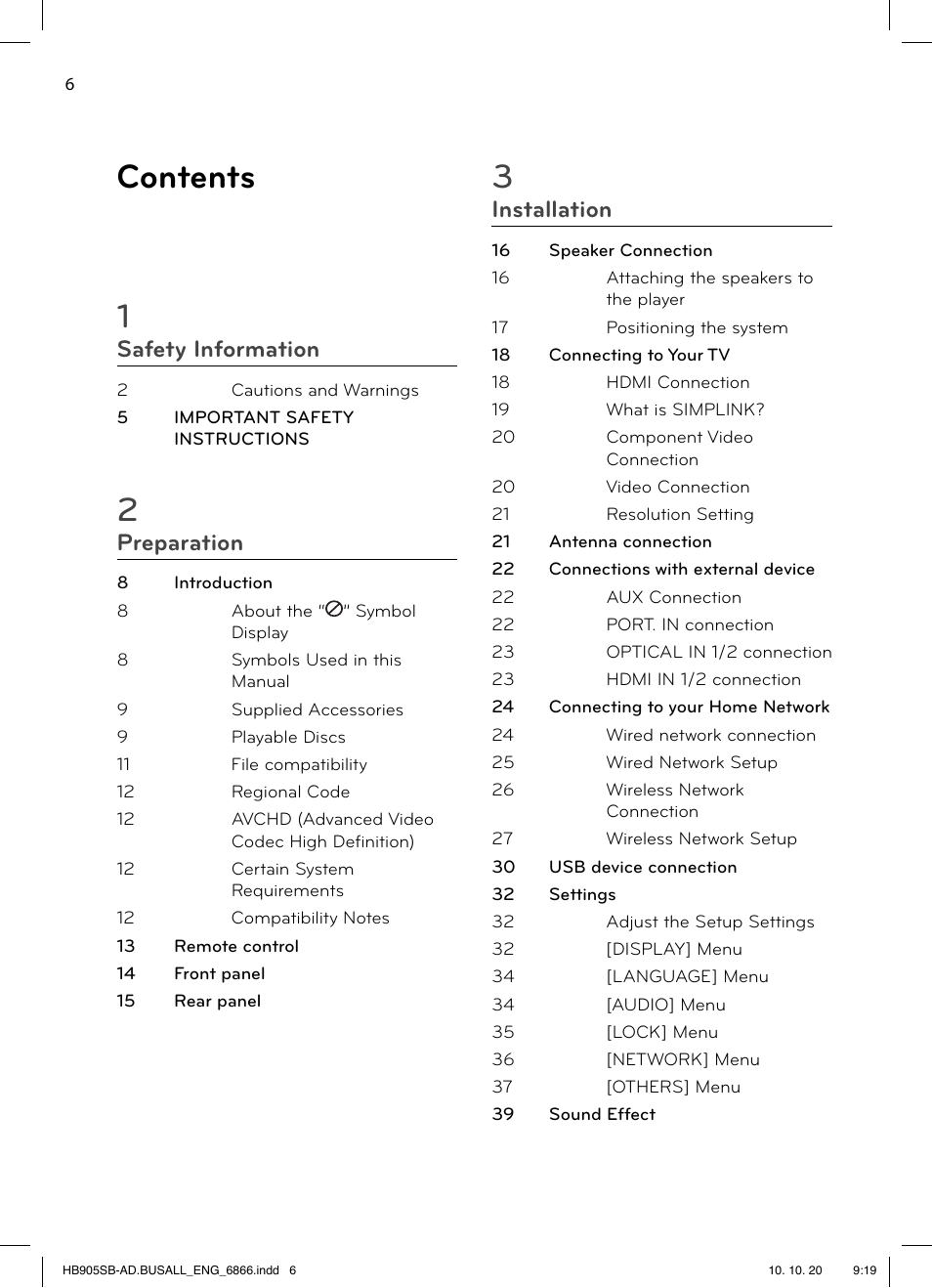 Contents 1, Safety information, Preparation | Installation | LG LHB535 User Manual | Page 6 / 112