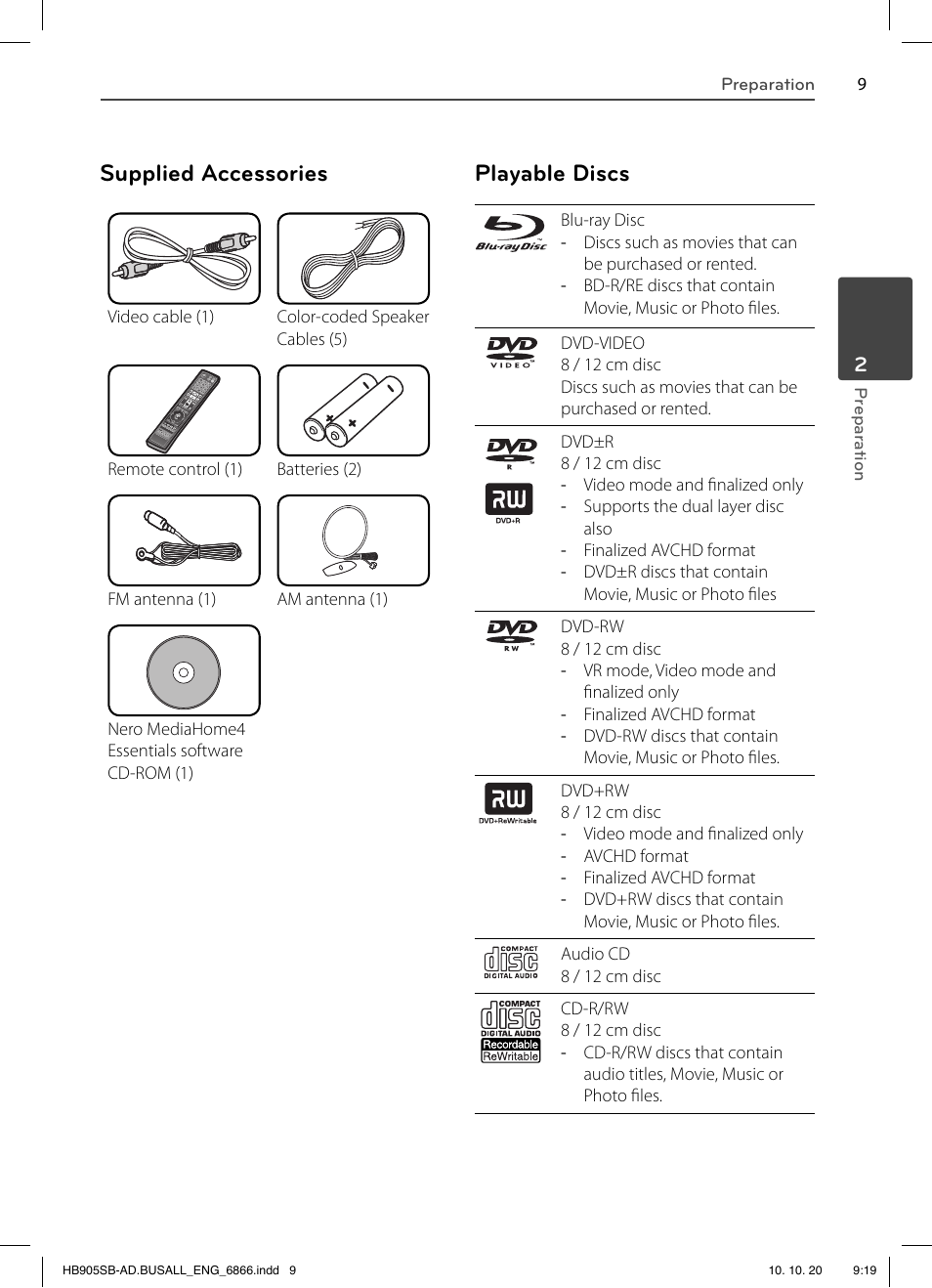 Supplied accessories, Playable discs | LG LHB535 User Manual | Page 9 / 112