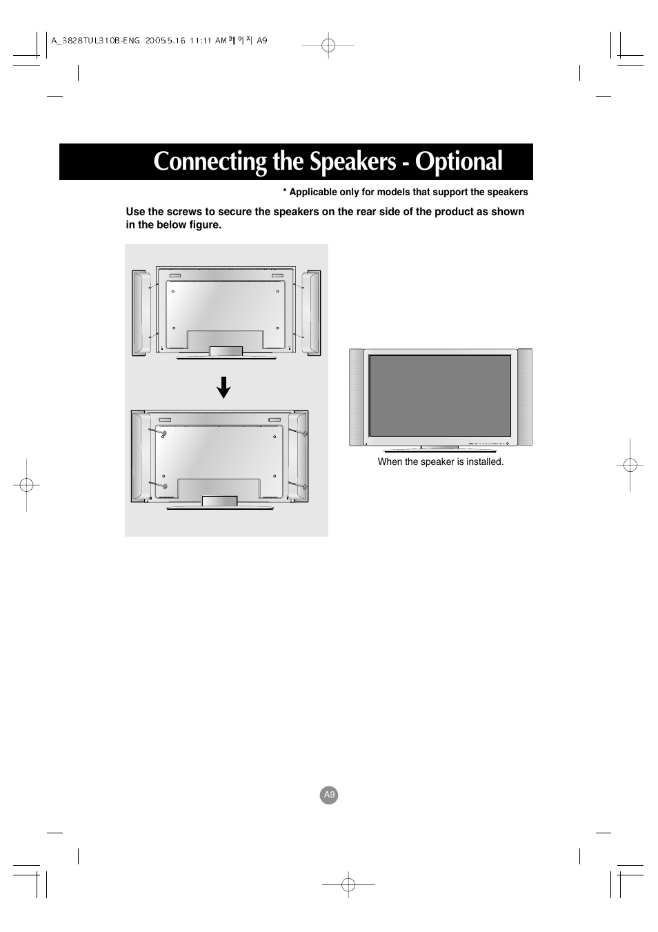 Connecting the speakers - optional | LG M3700C-BA User Manual | Page 10 / 60