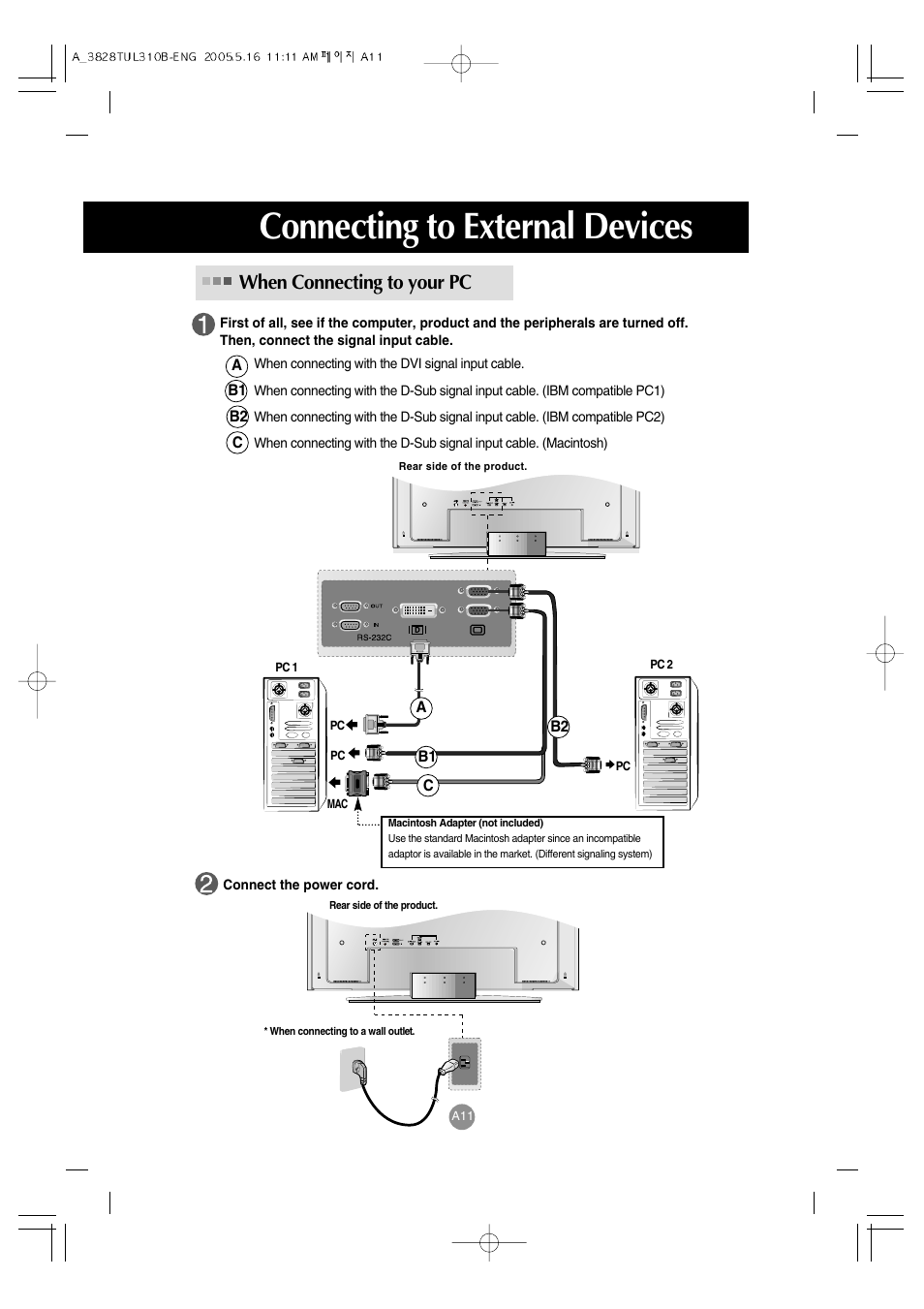 Connecting to external devices, When connecting to your pc | LG M3700C-BA User Manual | Page 12 / 60