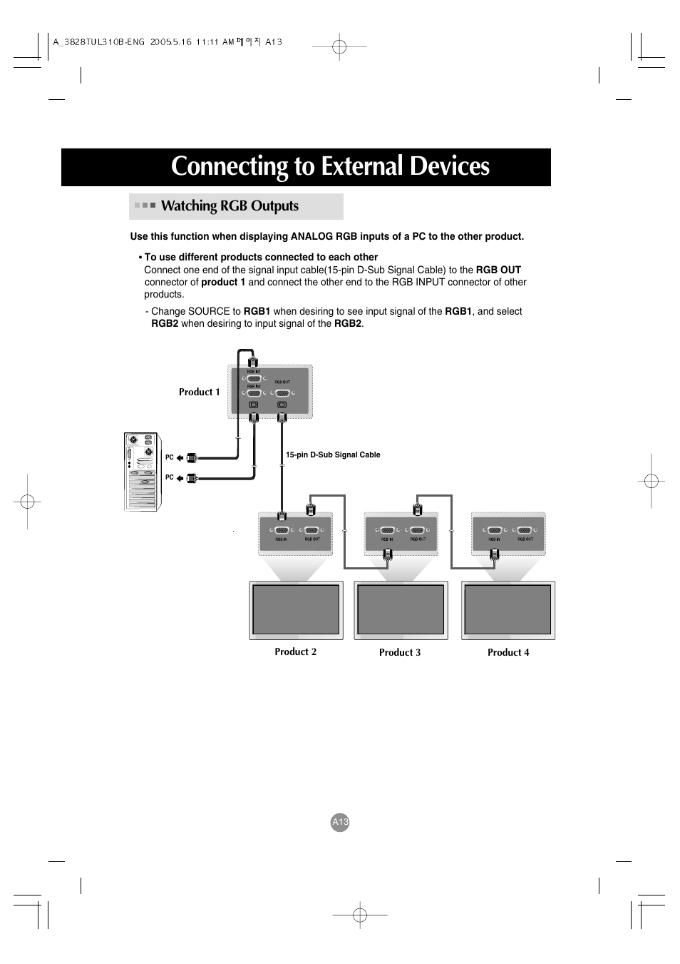 Connecting to external devices, Watching rgb outputs | LG M3700C-BA User Manual | Page 14 / 60