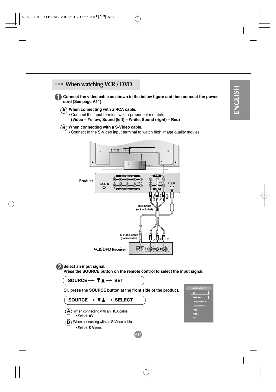 English, When watching vcr / dvd | LG M3700C-BA User Manual | Page 15 / 60