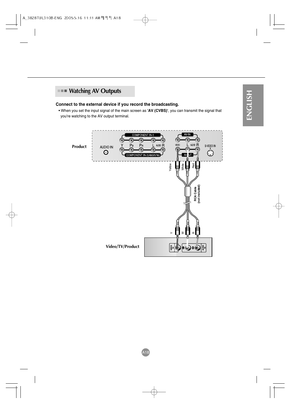 English, Watching av outputs | LG M3700C-BA User Manual | Page 19 / 60