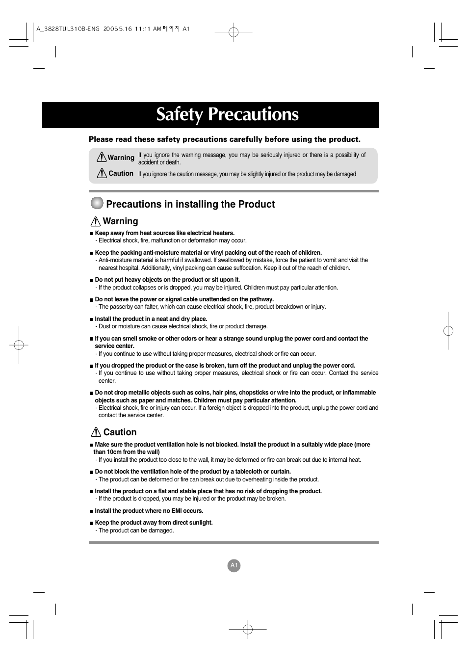 Safety precautions, Precautions in installing the product, Warning caution | LG M3700C-BA User Manual | Page 2 / 60