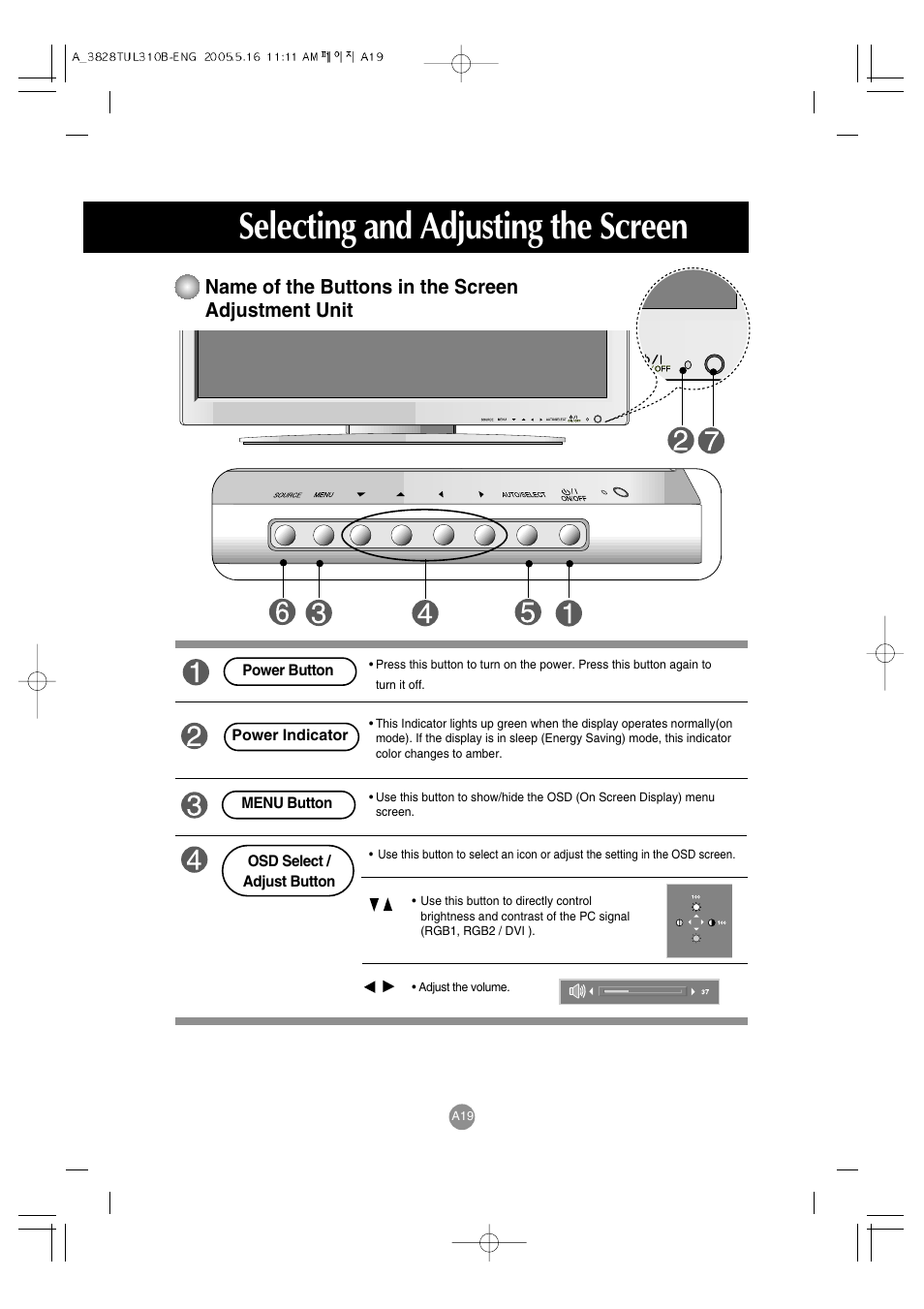 Selecting and adjusting the screen, Name of the buttons in the screen adjustment unit | LG M3700C-BA User Manual | Page 20 / 60