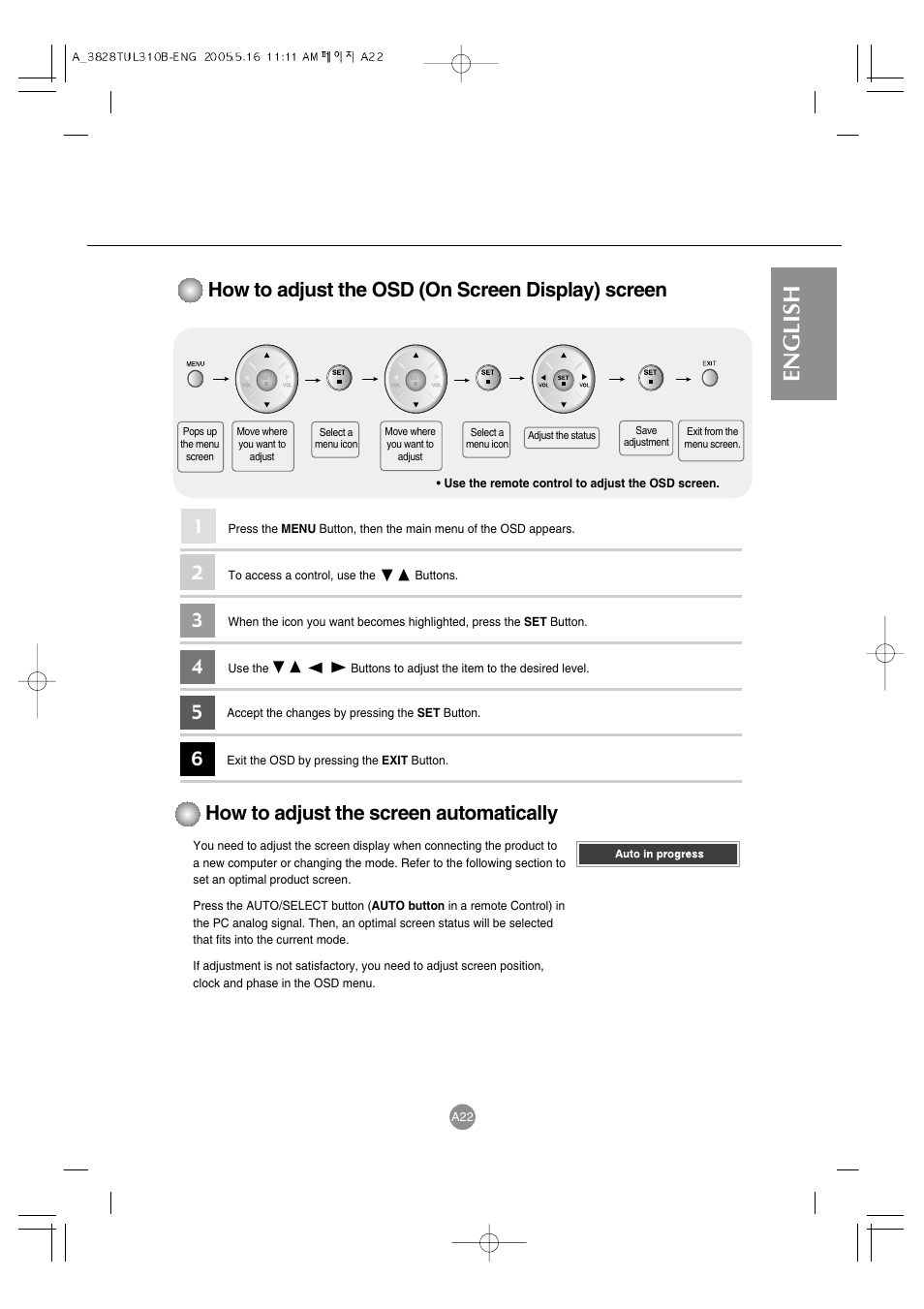 English, How to adjust the osd (on screen display) screen, How to adjust the screen automatically | LG M3700C-BA User Manual | Page 23 / 60