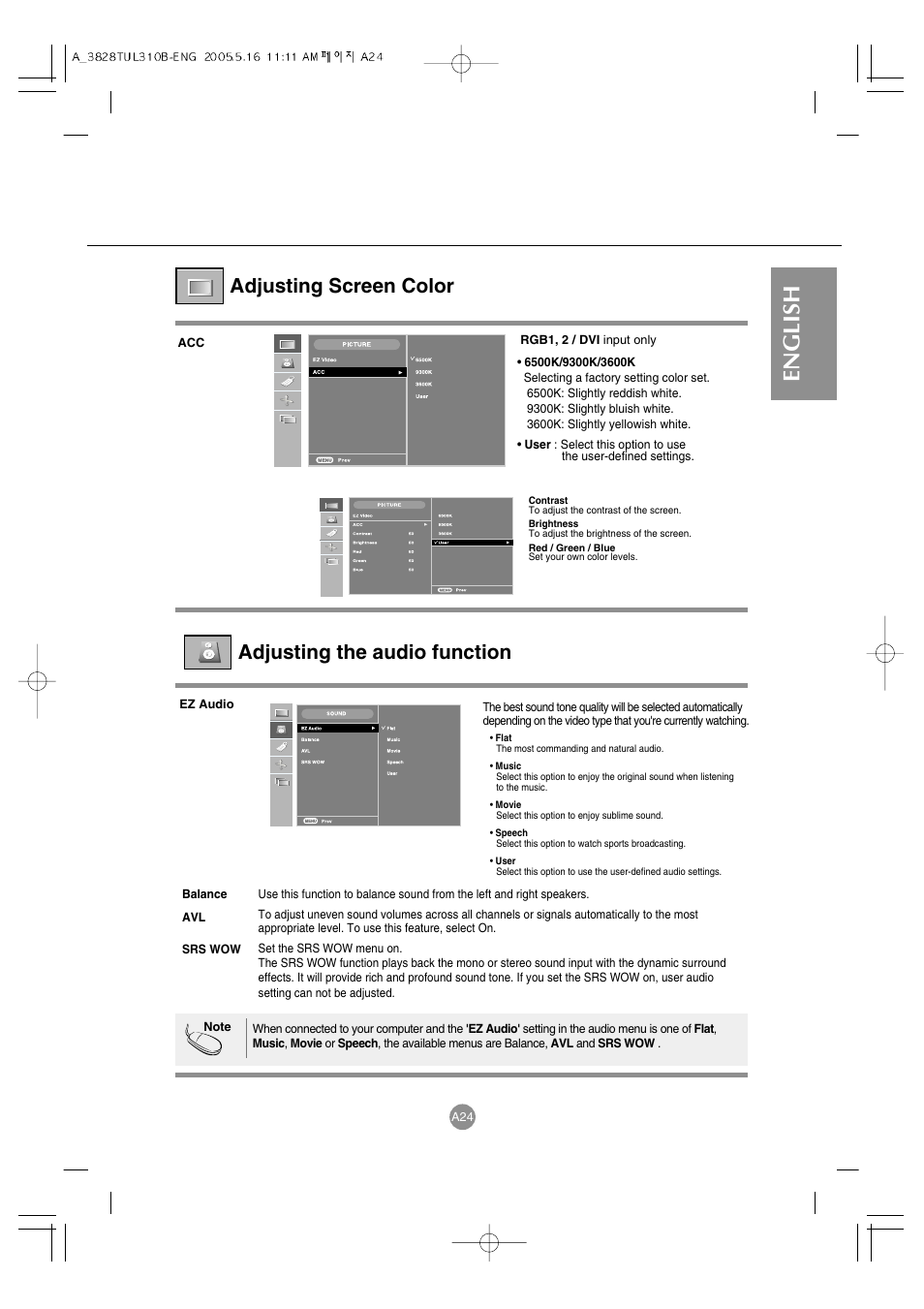 English, Adjusting screen color, Adjusting the audio function | LG M3700C-BA User Manual | Page 25 / 60
