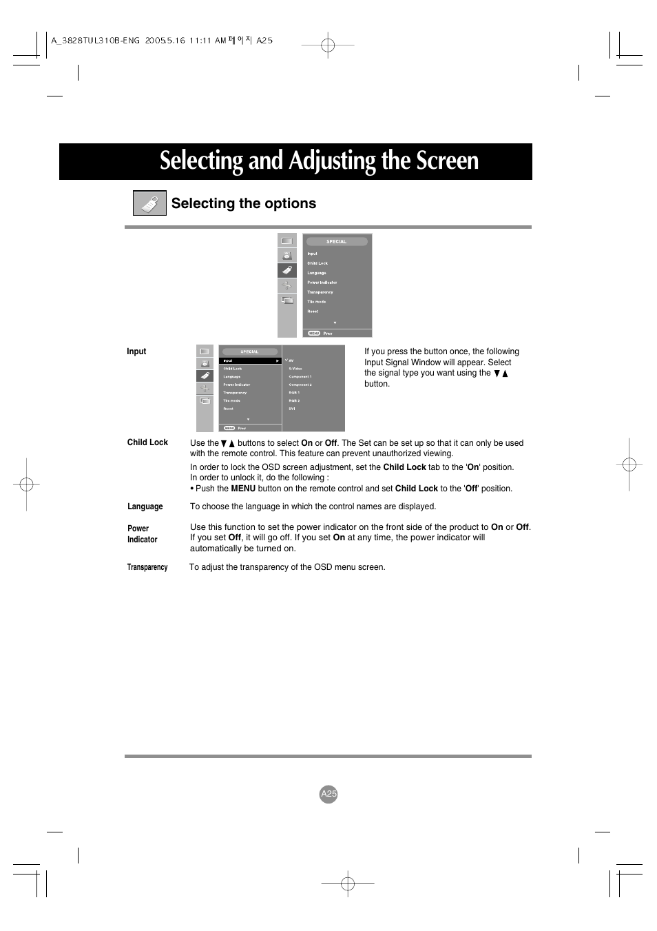 Selecting and adjusting the screen, Selecting the options | LG M3700C-BA User Manual | Page 26 / 60