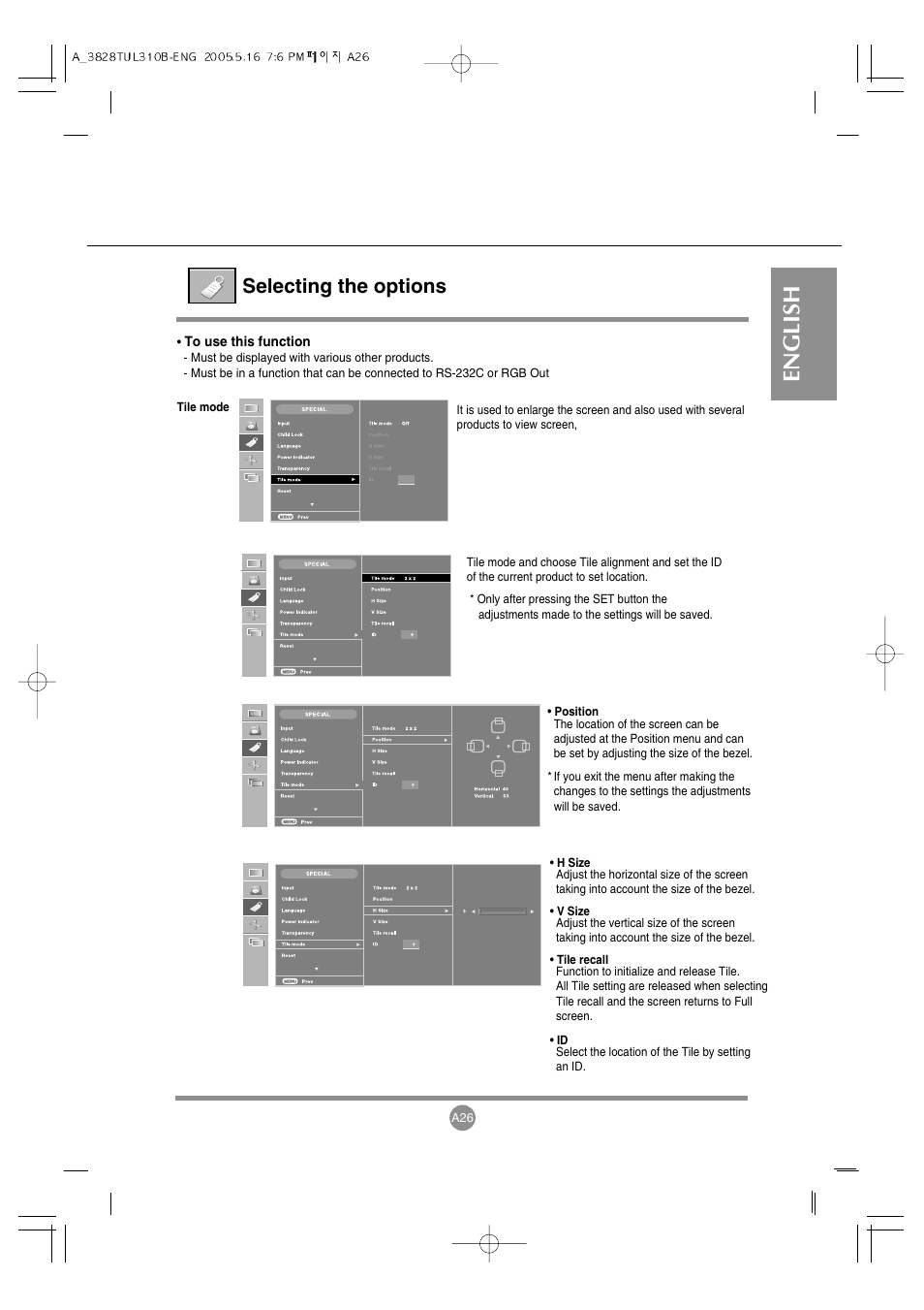 English, Selecting the options | LG M3700C-BA User Manual | Page 27 / 60