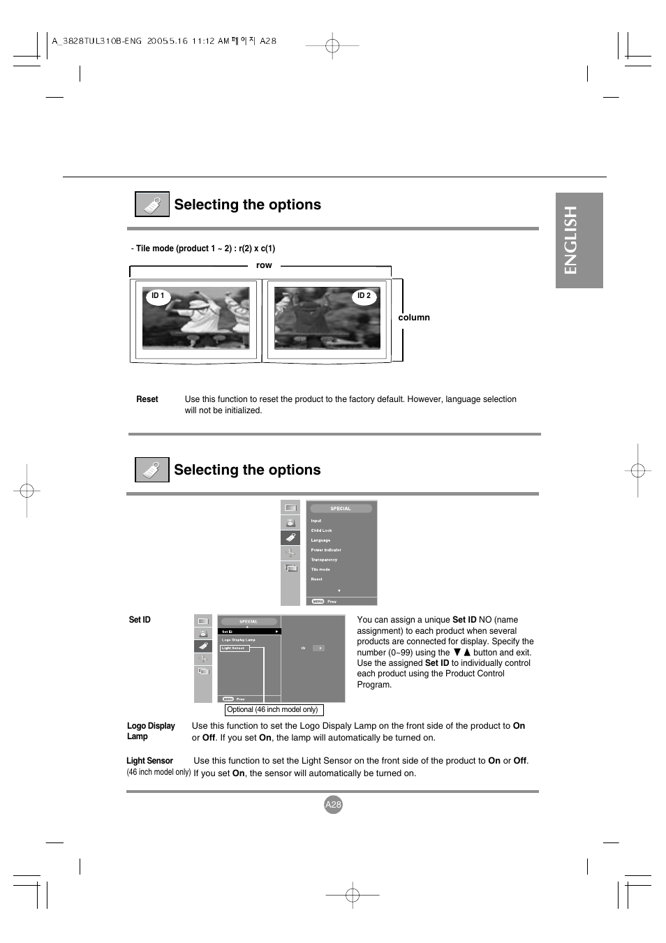 English, Selecting the options | LG M3700C-BA User Manual | Page 29 / 60