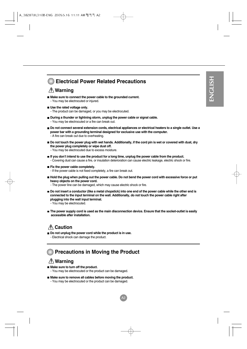 English, Electrical power related precautions, Precautions in moving the product | Warning caution, Warning | LG M3700C-BA User Manual | Page 3 / 60