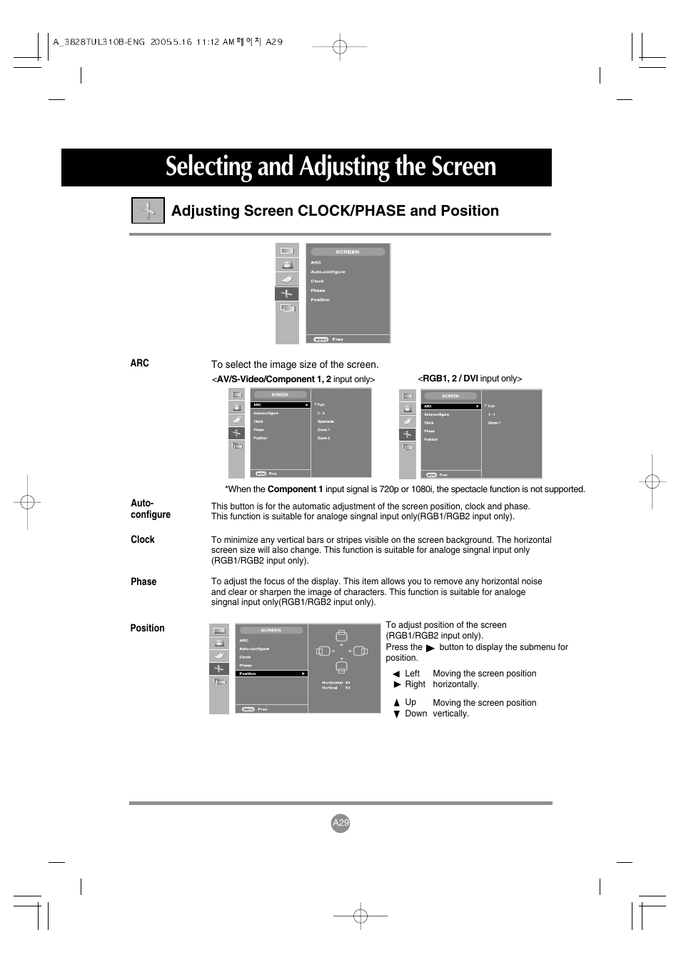 Selecting and adjusting the screen, Adjusting screen clock/phase and position | LG M3700C-BA User Manual | Page 30 / 60