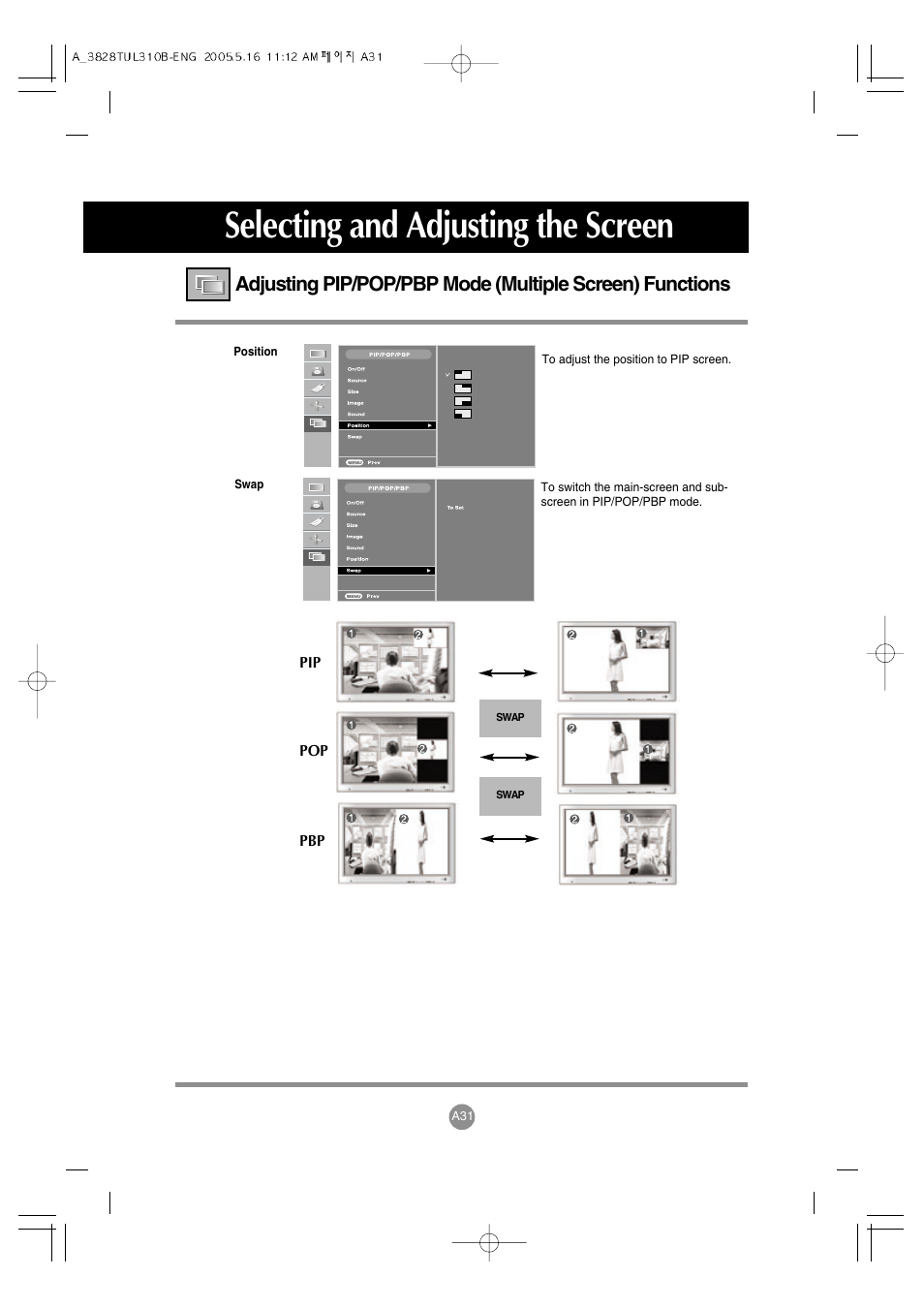 Selecting and adjusting the screen | LG M3700C-BA User Manual | Page 32 / 60