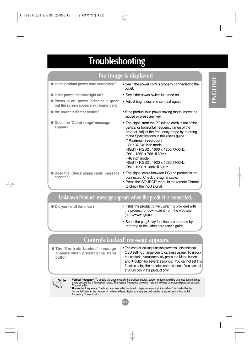 Troubleshooting, English, No image is displayed | Controls locked' message appears | LG M3700C-BA User Manual | Page 33 / 60