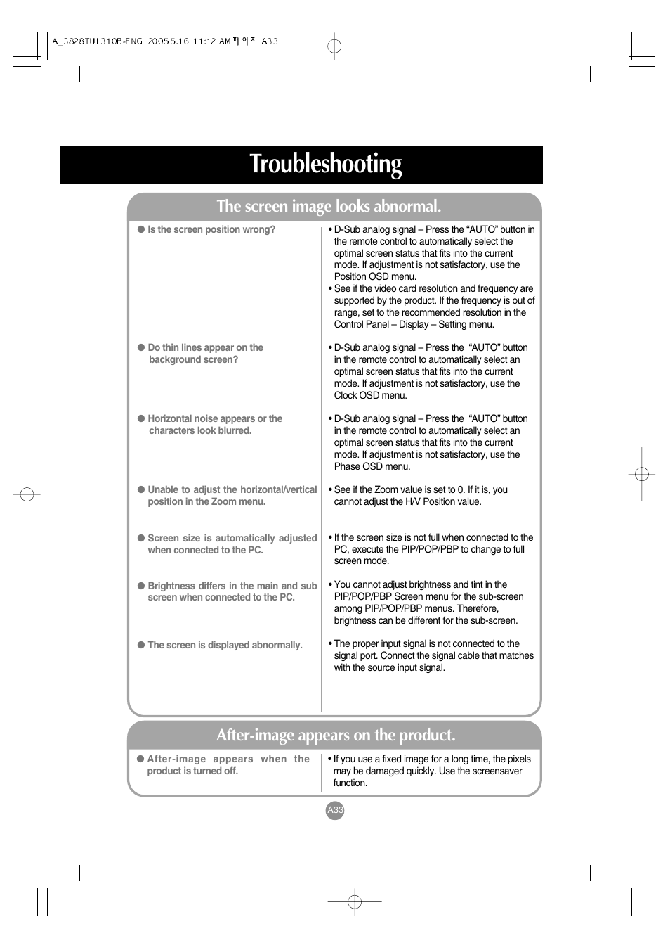 Troubleshooting, The screen image looks abnormal, After-image appears on the product | LG M3700C-BA User Manual | Page 34 / 60