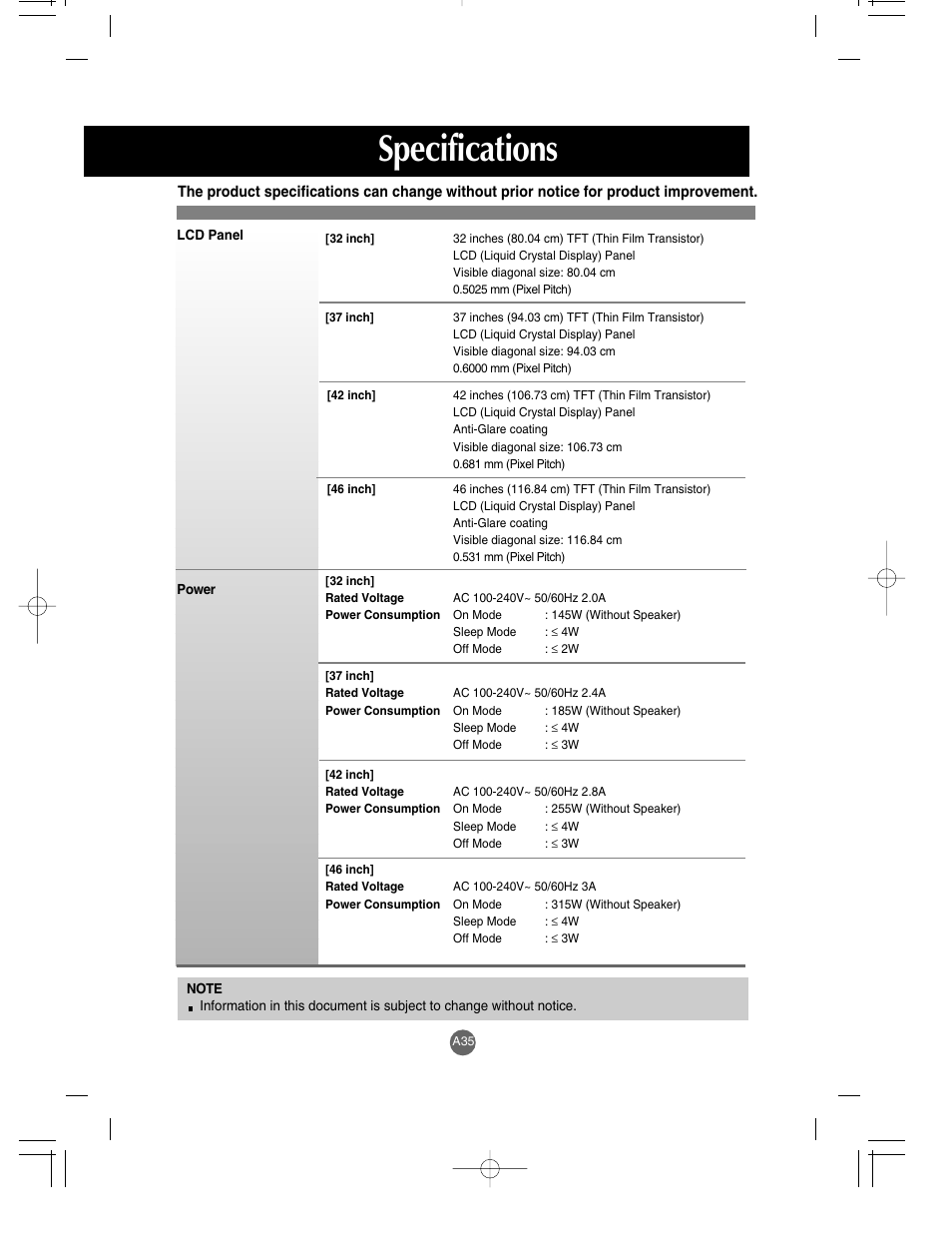 Specifications | LG M3700C-BA User Manual | Page 36 / 60