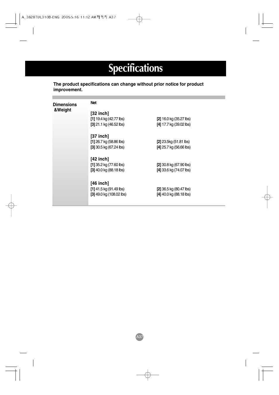 Specifications | LG M3700C-BA User Manual | Page 38 / 60