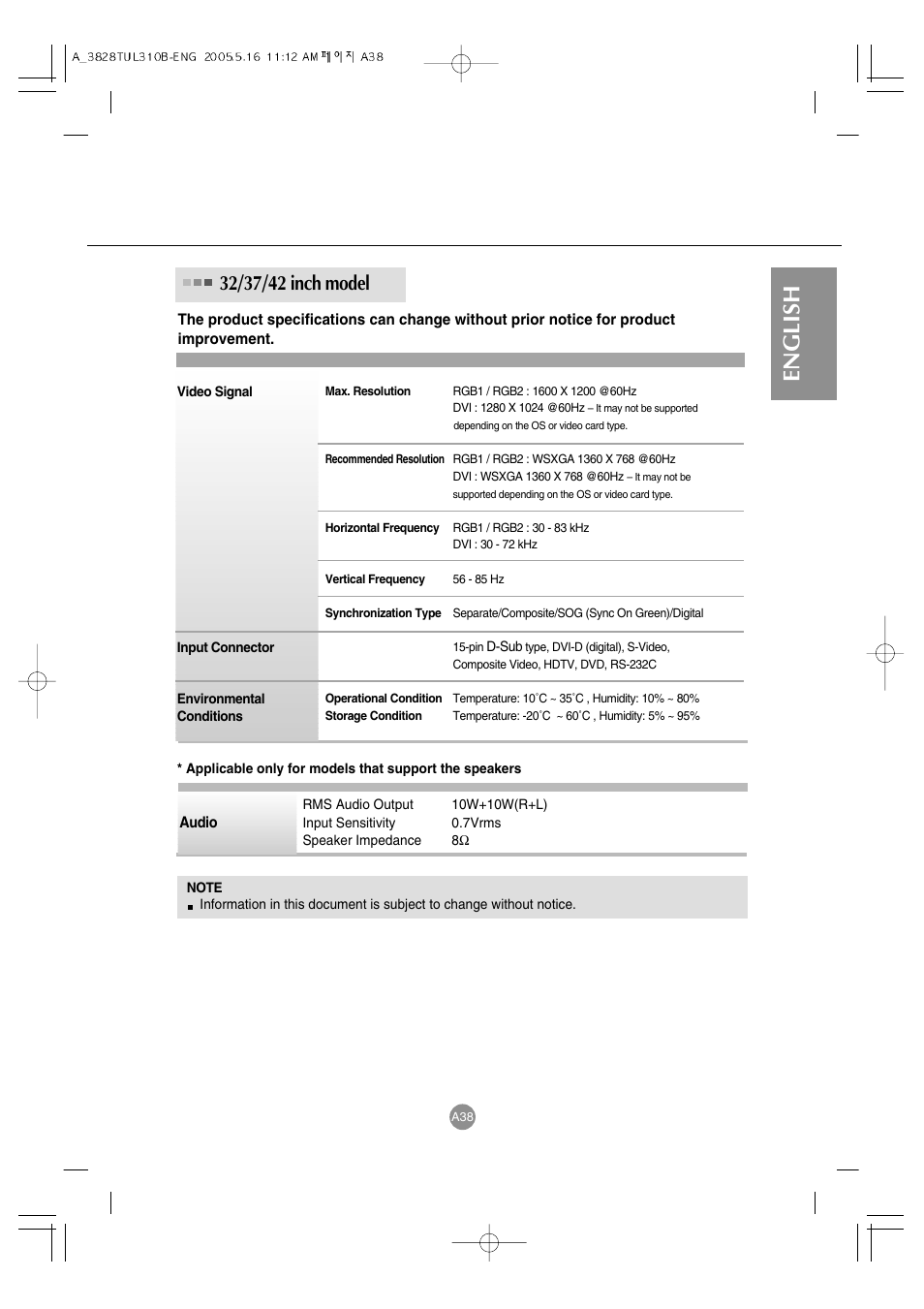 English | LG M3700C-BA User Manual | Page 39 / 60