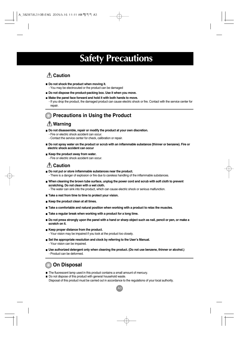 Safety precautions, Precautions in using the product, On disposal | Caution, Warning | LG M3700C-BA User Manual | Page 4 / 60