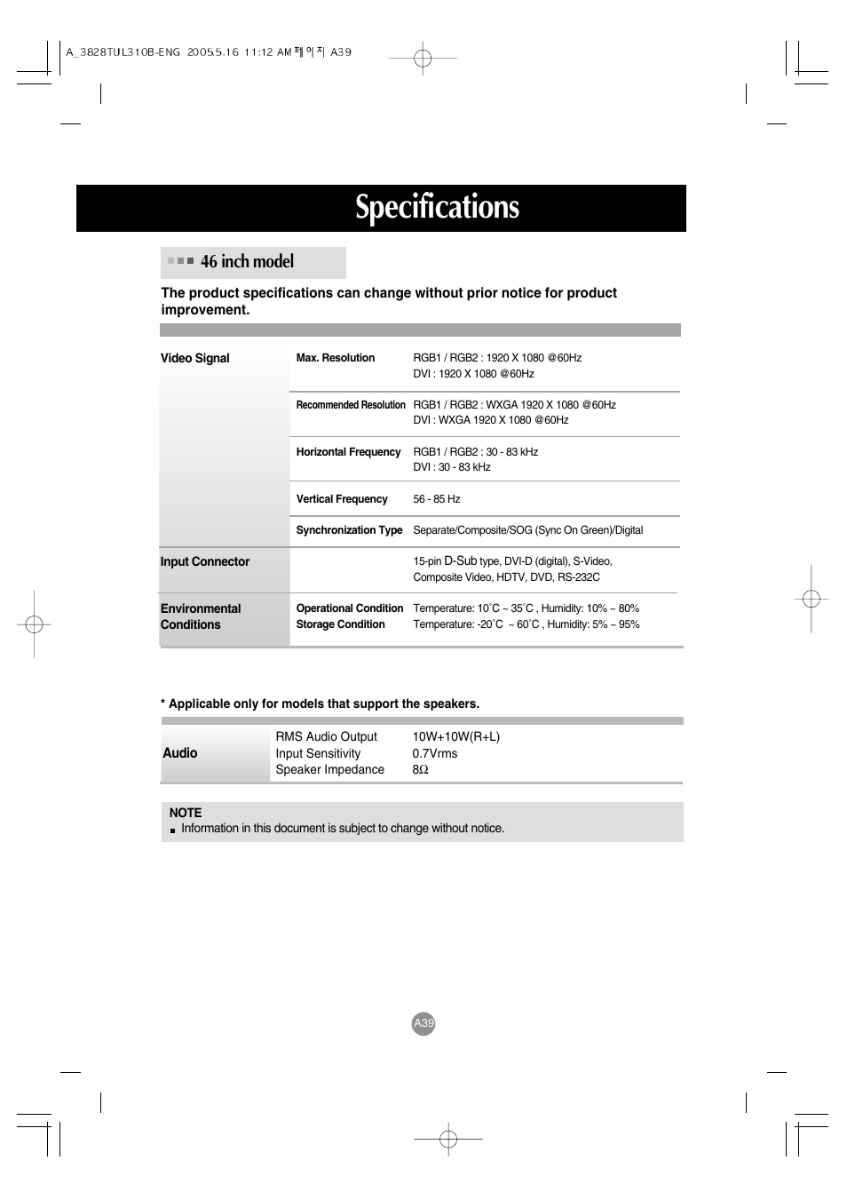 Specifications, 46 inch model | LG M3700C-BA User Manual | Page 40 / 60