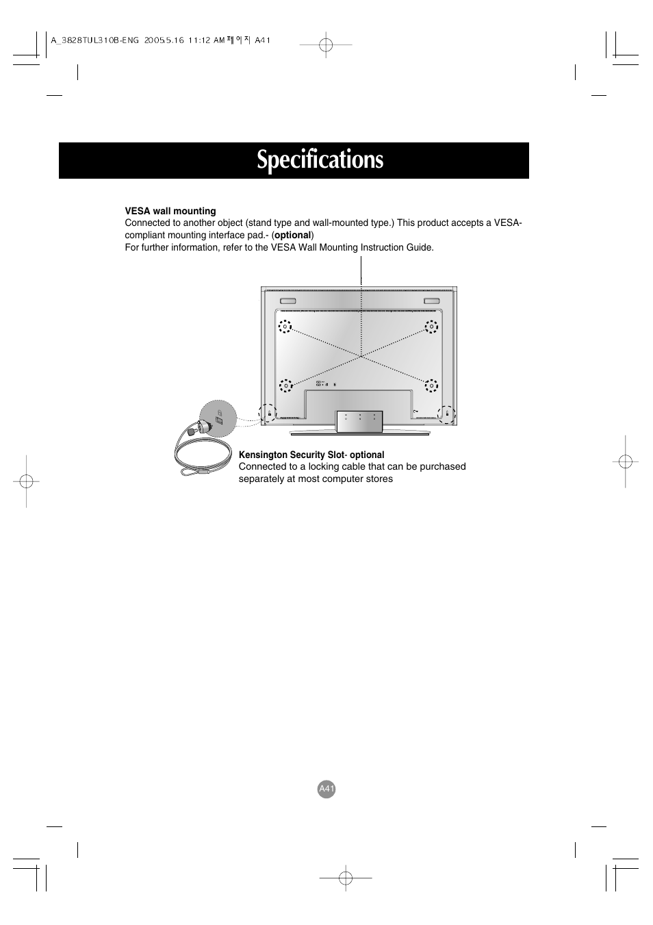 Specifications | LG M3700C-BA User Manual | Page 42 / 60