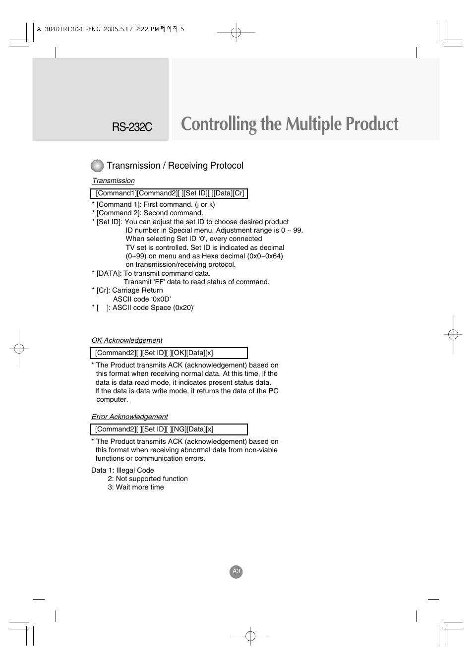 Controlling the multiple product, Rs-232c, Transmission / receiving protocol | LG M3700C-BA User Manual | Page 45 / 60