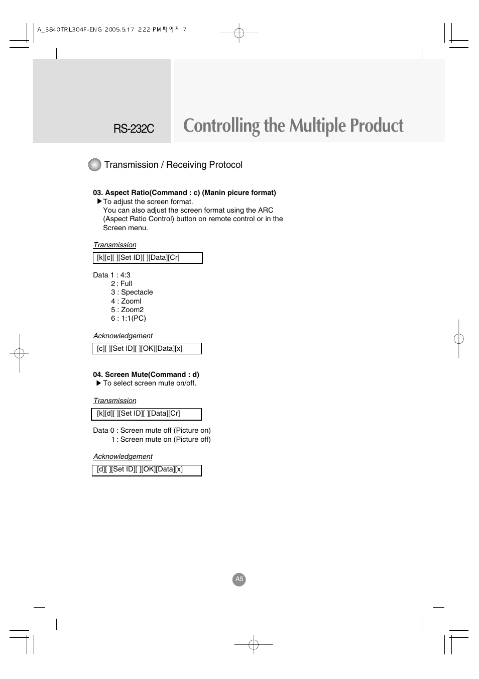 Controlling the multiple product, Rs-232c, Transmission / receiving protocol | LG M3700C-BA User Manual | Page 47 / 60