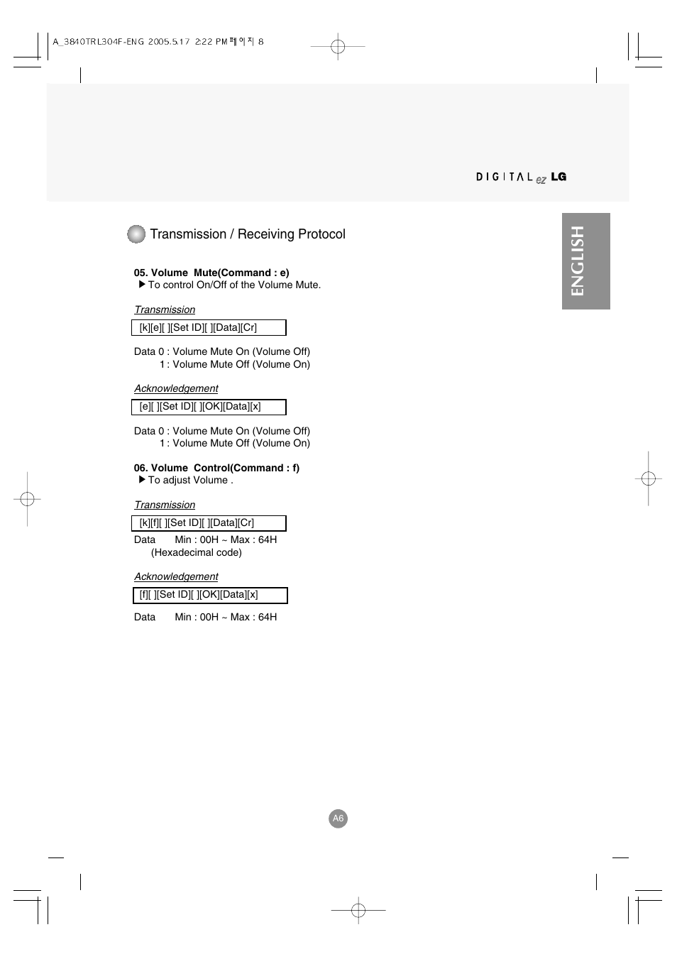 English, Transmission / receiving protocol | LG M3700C-BA User Manual | Page 48 / 60