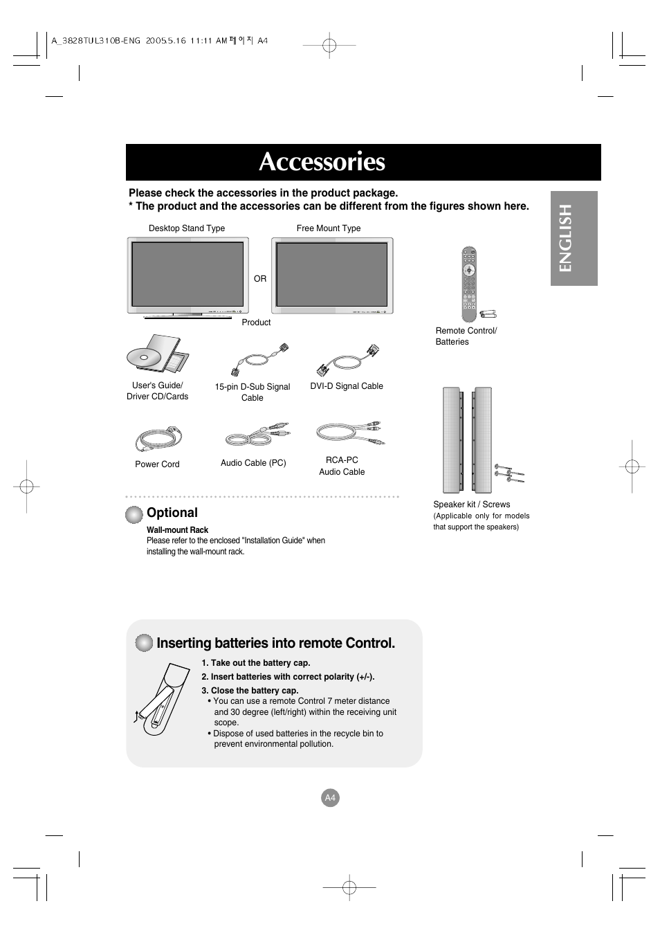 Accessories, English, Inserting batteries into remote control | Optional | LG M3700C-BA User Manual | Page 5 / 60
