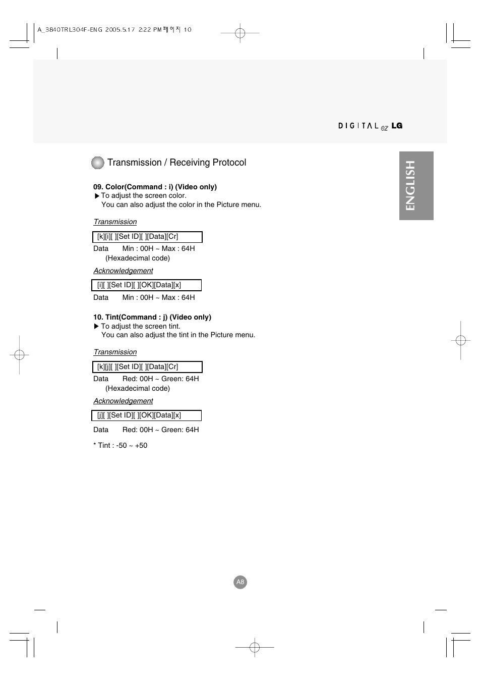 English, Transmission / receiving protocol | LG M3700C-BA User Manual | Page 50 / 60