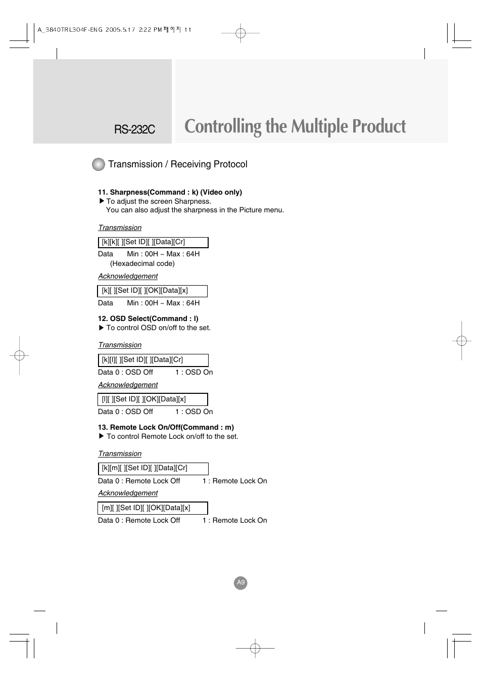 Controlling the multiple product, Rs-232c, Transmission / receiving protocol | LG M3700C-BA User Manual | Page 51 / 60